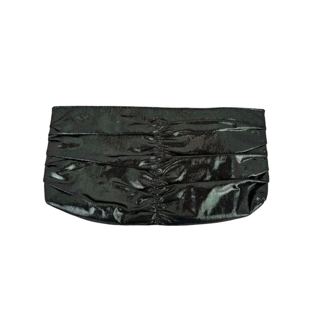 Amici Metallic Shiny Black Silver Shiny Metallic Pleated Ruched Zip Top Clutch